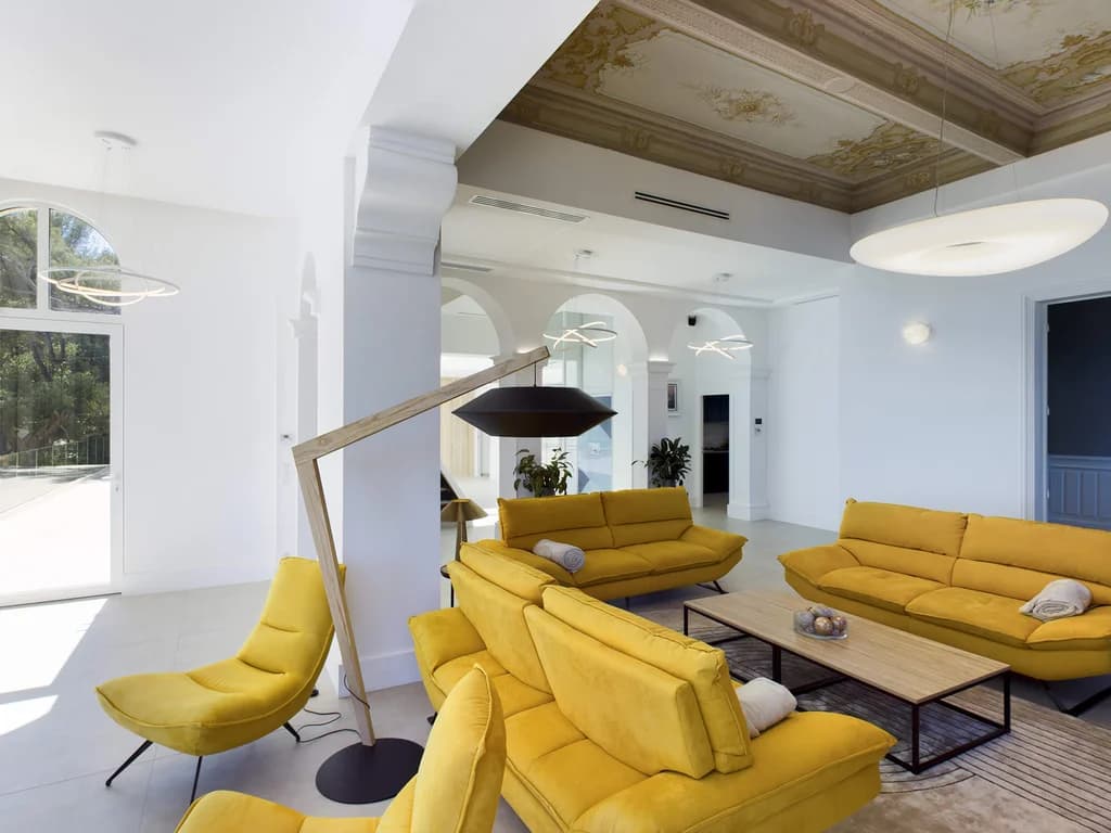 Villa D'Azur grand salon wide angle with arched colonnade and frescoed ceiling, La Seyne-sur-Mer, France
