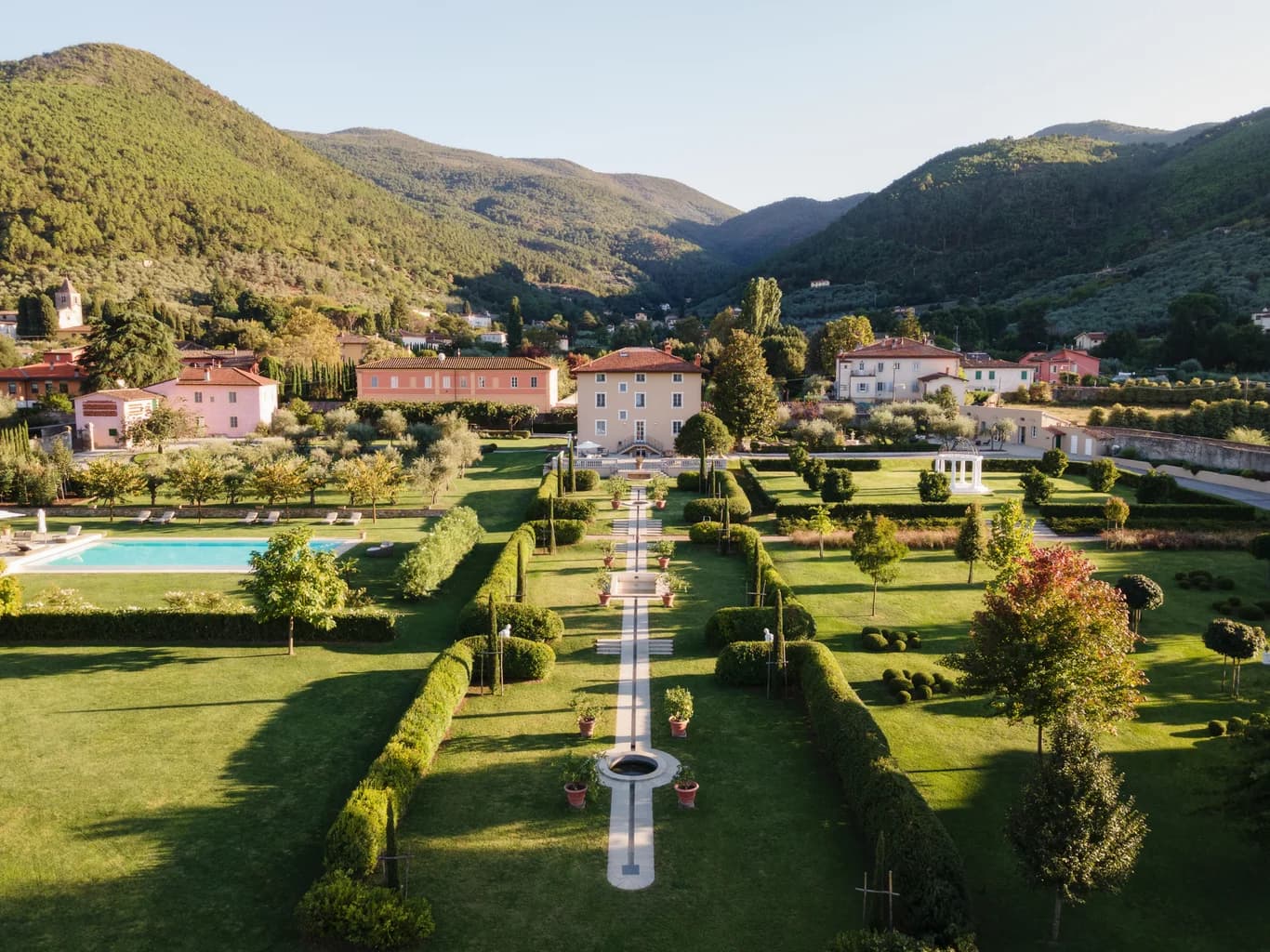 Villa Elisa aerial exterior with formal gardens and terracotta roof, Lucca, Italy