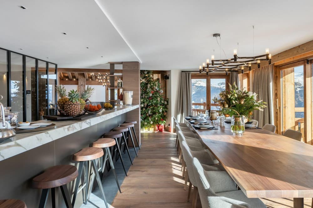 Courchevel 10 formal dining room with walnut table and panoramic alpine windows, Courchevel 1850, France