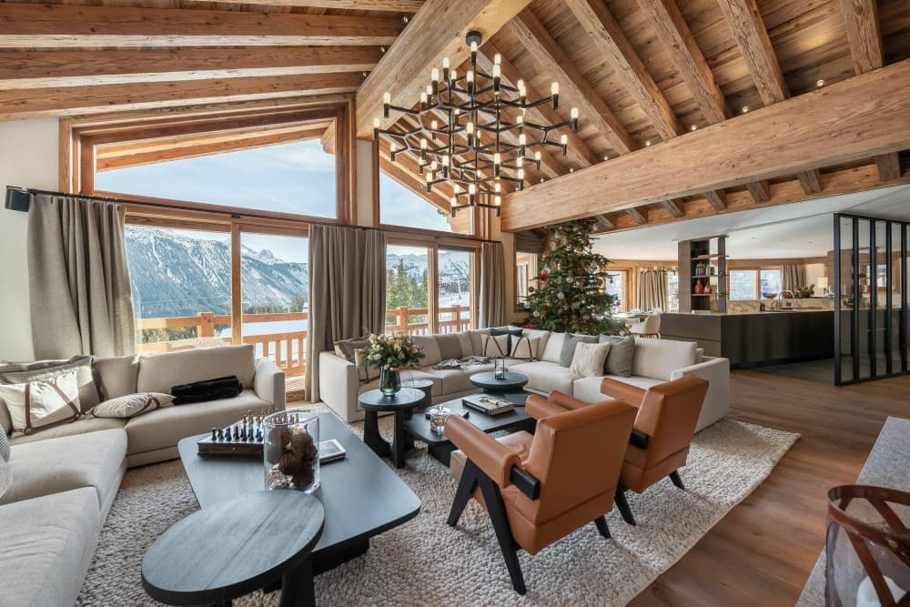 Courchevel 10 grand living room with vaulted timber ceiling and alpine views, Courchevel 1850, France