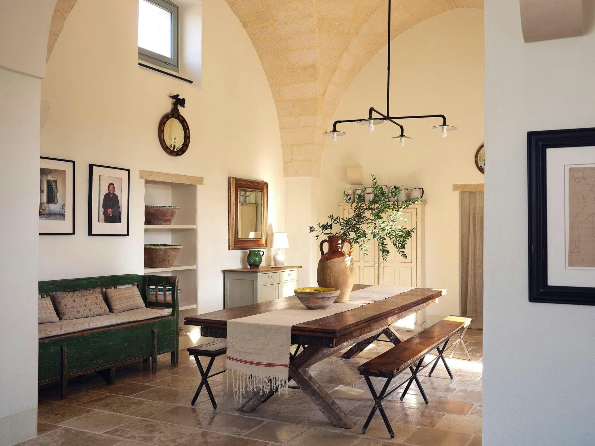 Puglian Farmhouse dining room with vaulted ceiling and reclaimed wood table, Lecce, Puglia, Italy
