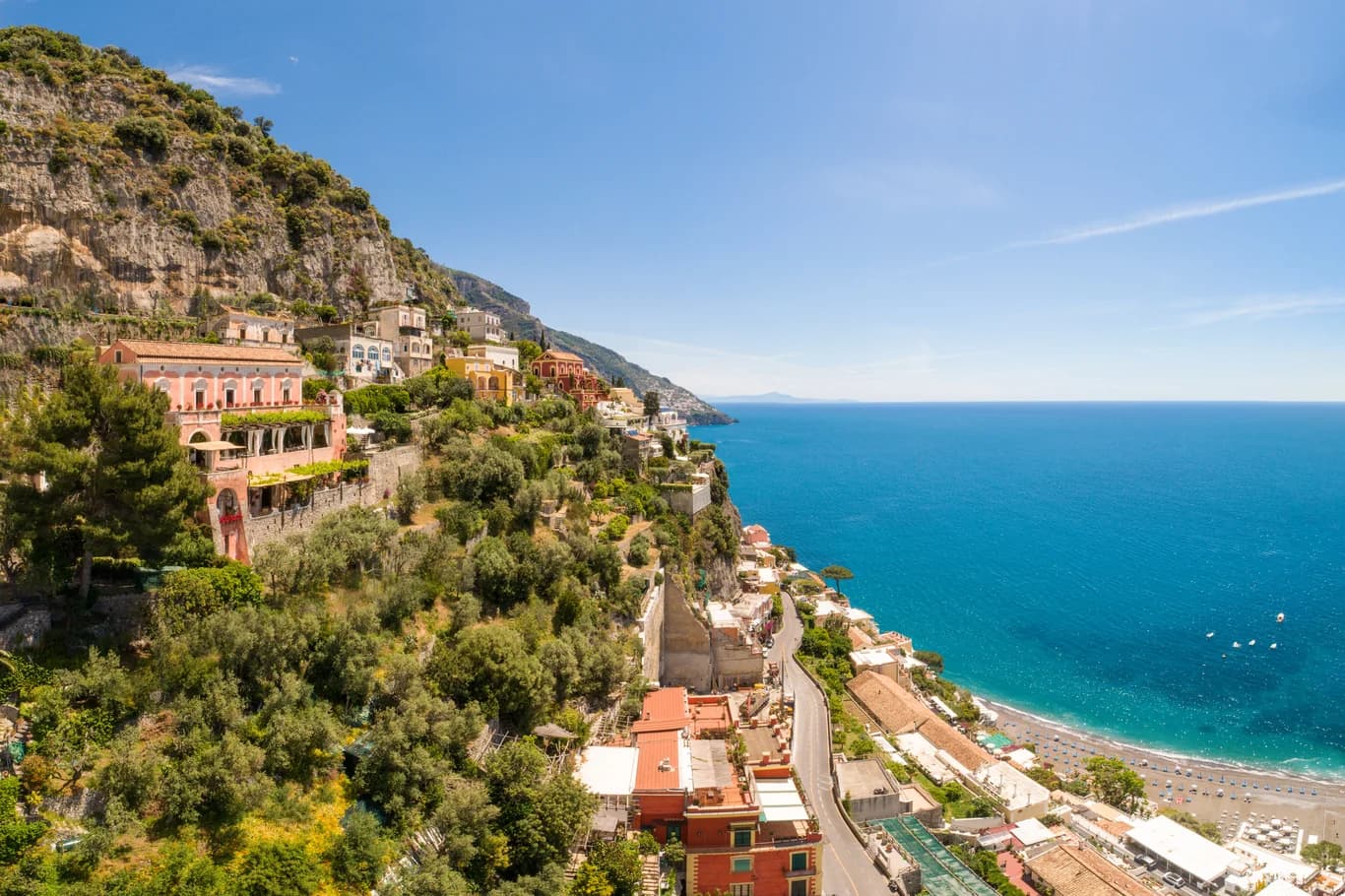 Villa San Giacomo aerial view, cliffside villa with terraced gardens, Positano, Italy
