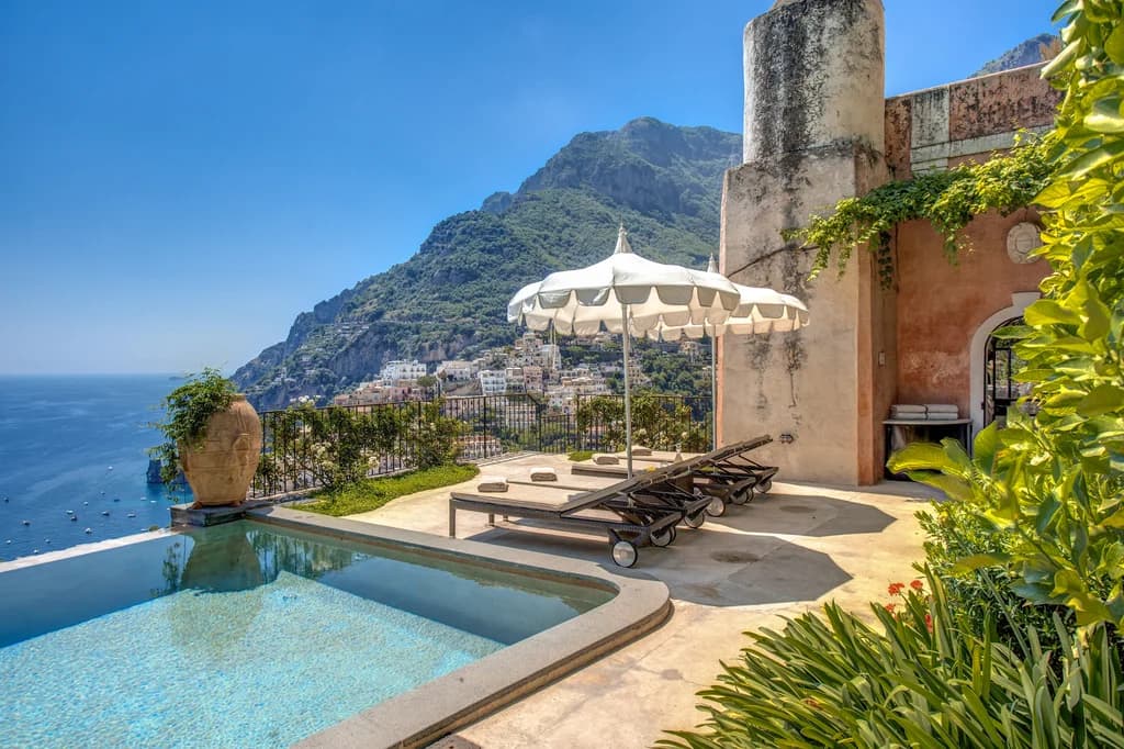 Villa San Giacomo infinity pool overlooking Positano village, Amalfi Coast, Italy