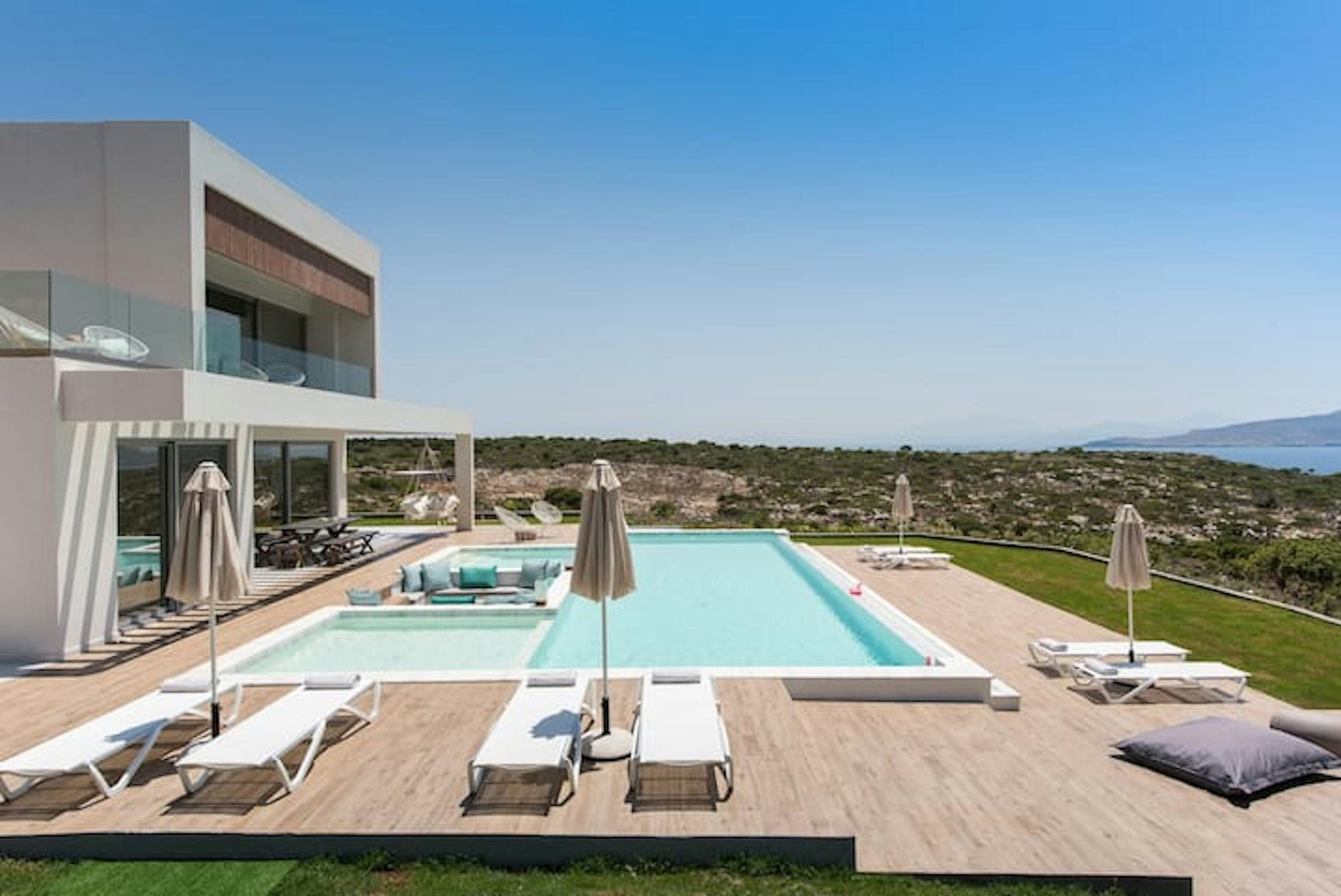 Back to the Sea villa aerial view with pool and deck, Santorini, Greece