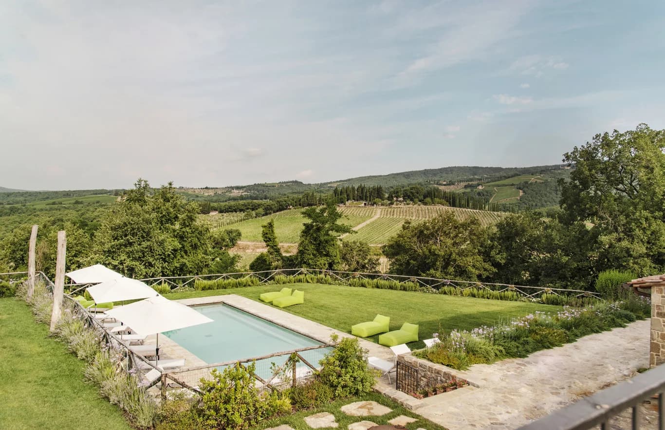 Villa Fieravista vineyard view from upper terrace, Radda in Chianti, Tuscany, Italy