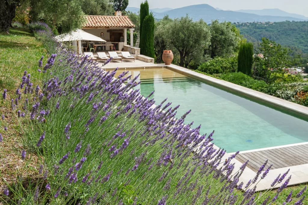 Bastide Splendide mountain landscape view with lavender and cypress trees, Vence, France