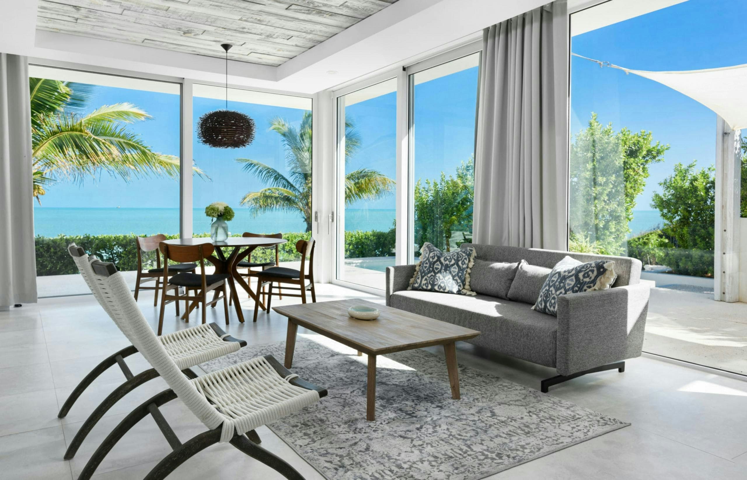 Atlantic Ocean Retreat open-plan living room with ocean views, Leeward Settlement, Turks and Caicos Islands