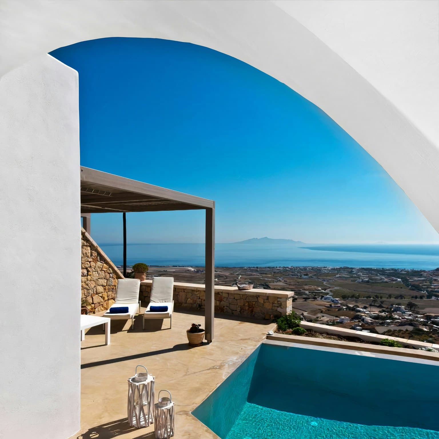 Grecian Gazing Aegean Sea view through traditional archway, Santorini, Cyclades Islands, Greece