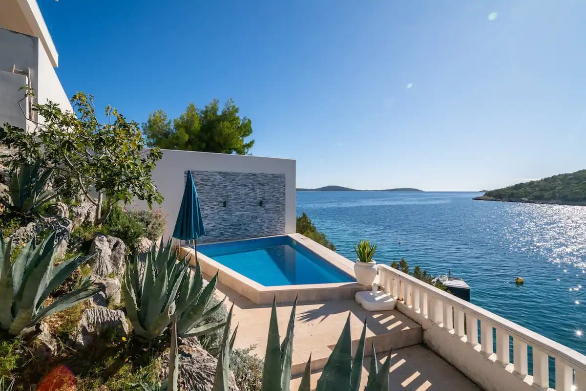 Blue All Around villa exterior with private plunge pool and sea terrace, Marina, Dalmatian Coast, Croatia