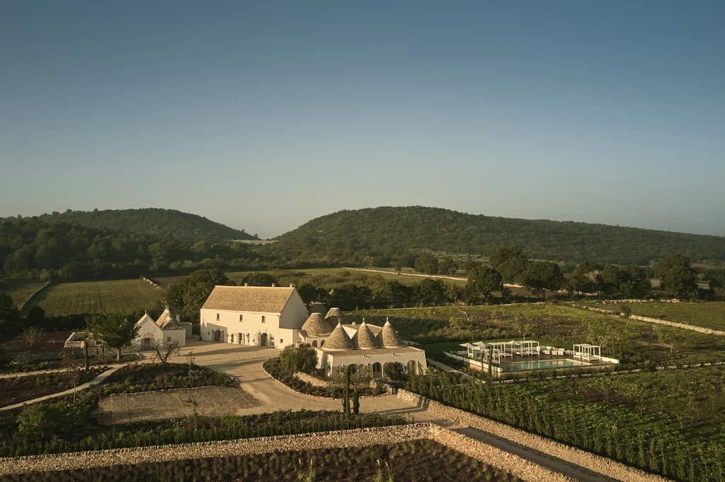 Masseria Giardini countryside landscape view over olive groves and vineyards, Alberobello, Italy