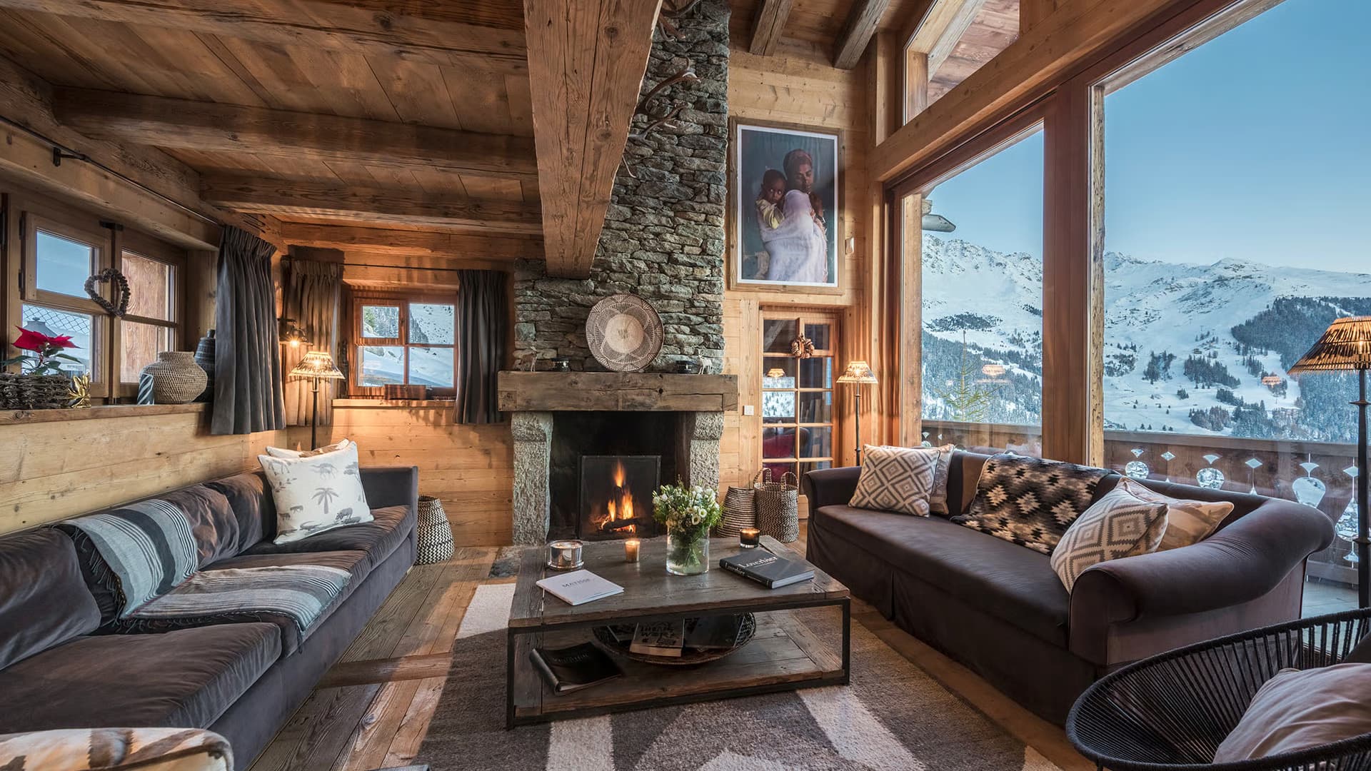 Chalet Eiger living room with rustic alpine décor, Verbier, Swiss Alps, Switzerland
