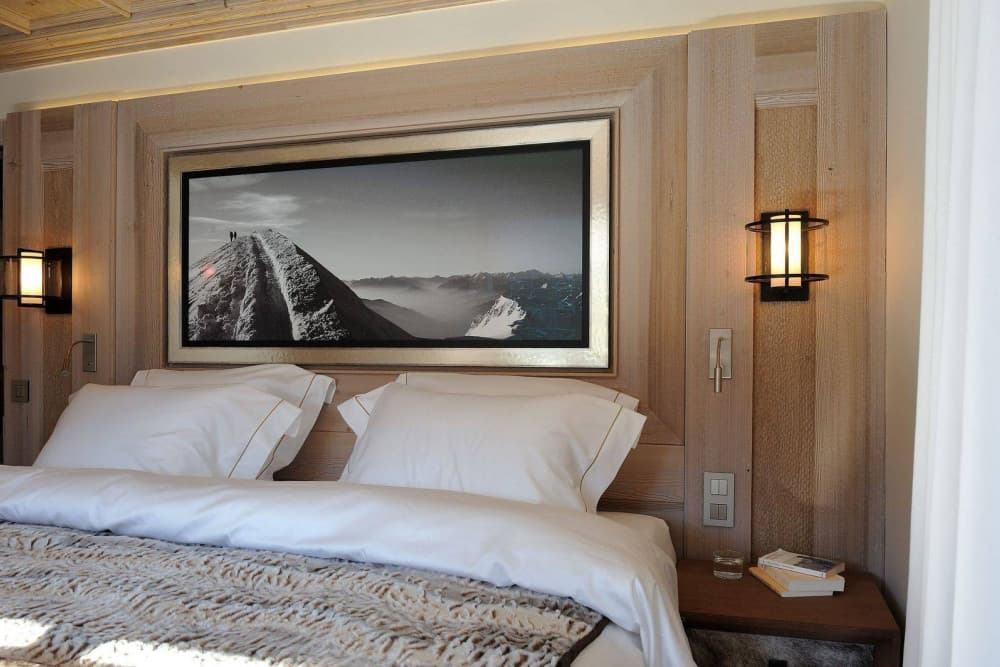 Courchevel 37 bedroom headboard detail with Alpine artwork, Courchevel 1850, France