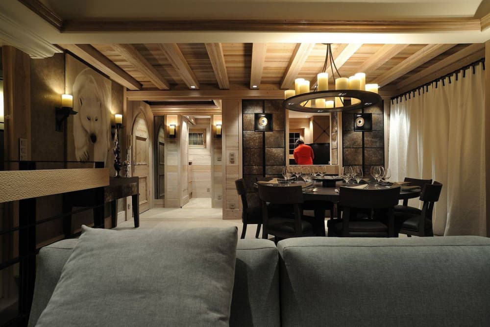 Courchevel 37 formal dining room with chandelier and polar bear artwork, Courchevel 1850, France