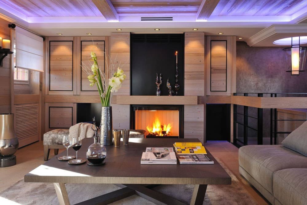 Courchevel 37 fireplace lounge with purple cove lighting, Courchevel 1850, France