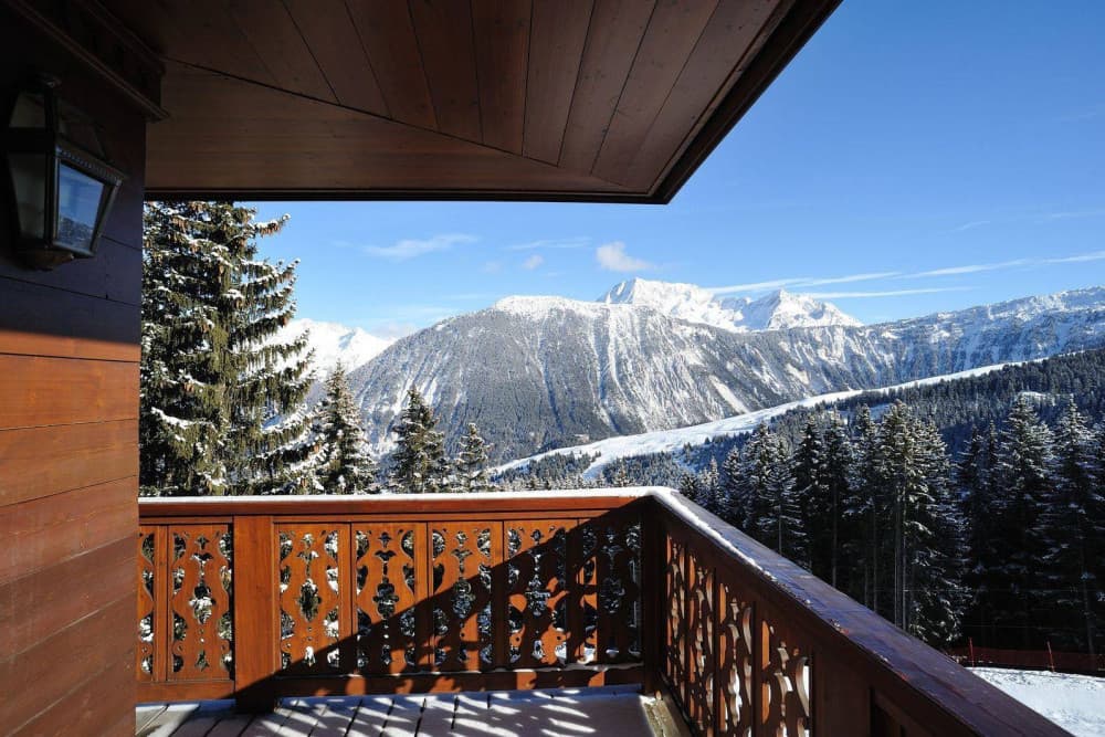 Courchevel 37 mountain view from carved timber balcony, Courchevel 1850, France