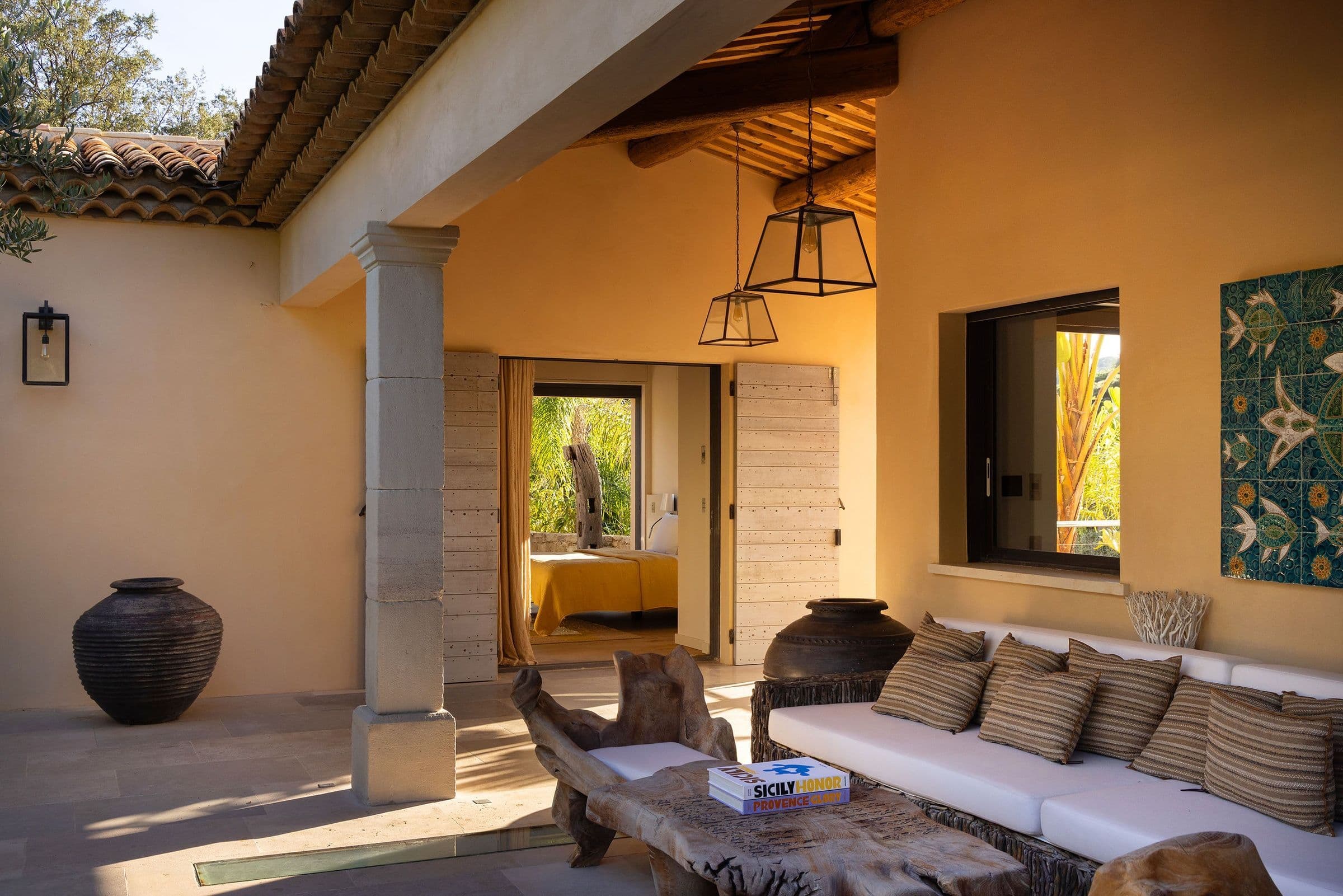 Villa Maï Taï private garden lounge with contemporary furniture, Saint-Tropez Peninsula, France