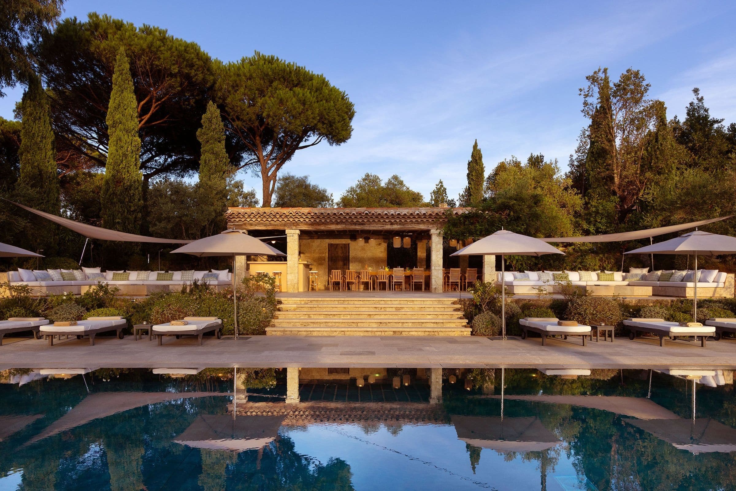 Villa Maï Taï stone pool pavilion with terraced levels, Saint-Tropez Peninsula, France