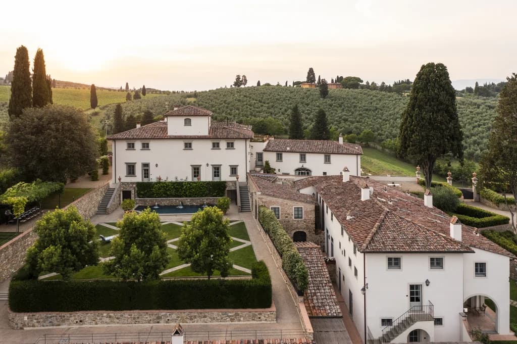 Dimora Fiorentina estate aerial view at sunset, Florence, Italy