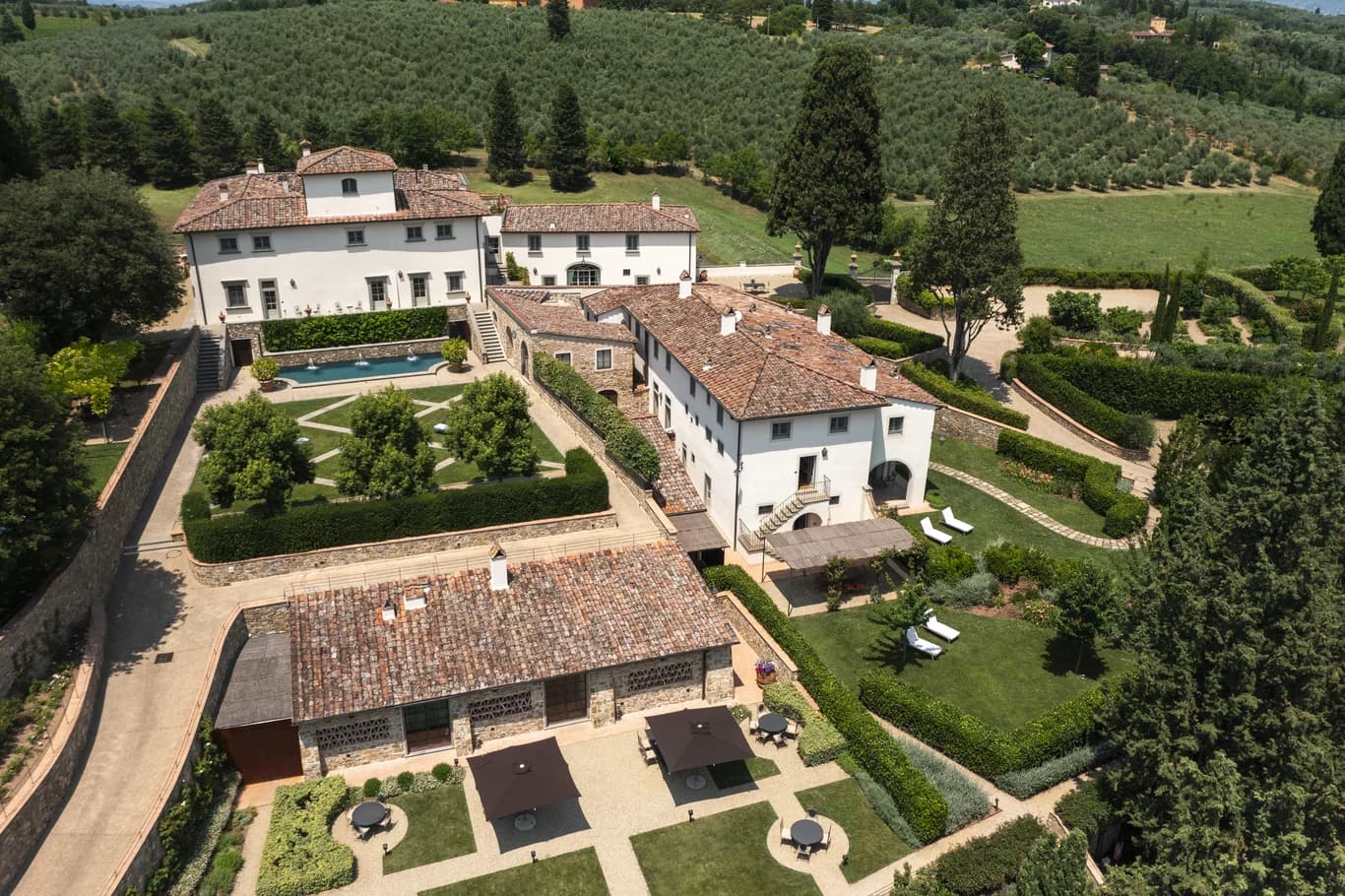 Dimora Fiorentina full estate aerial with gardens and courtyard, Florence, Italy