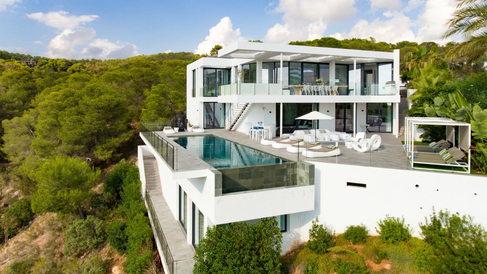 Baby, You Can Drive My Car villa exterior with cantilevered pool, Sant Josep de sa Talaia, Spain
