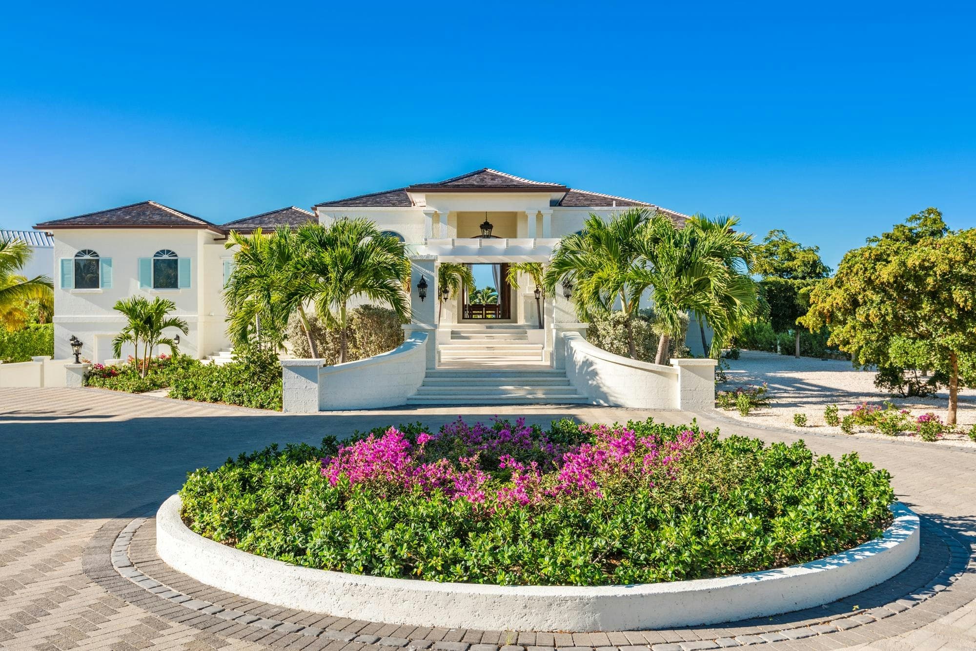 The Fairytale of Turks & Caicos villa entrance with curved stairway, Providenciales, Turks and Caicos Islands