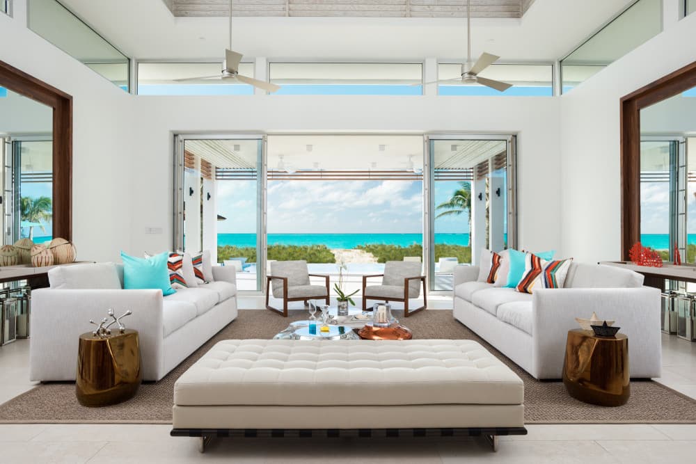 Sentosa villa open-plan living room with ocean views, Grace Bay, Turks and Caicos Islands