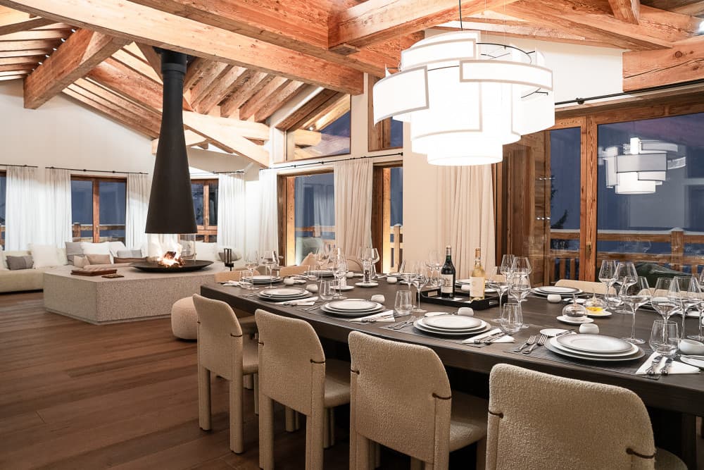 Courchevel 208 formal dining room set for 12 guests, Courchevel 1850, French Alps, France