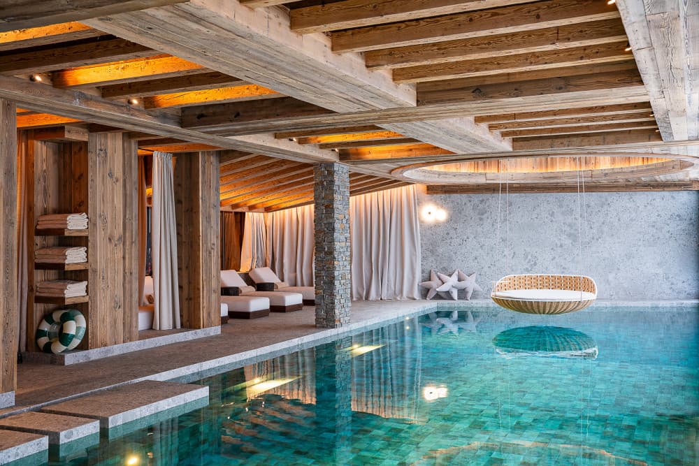 Courchevel 208 indoor heated pool with timber columns, Courchevel 1850, French Alps, France