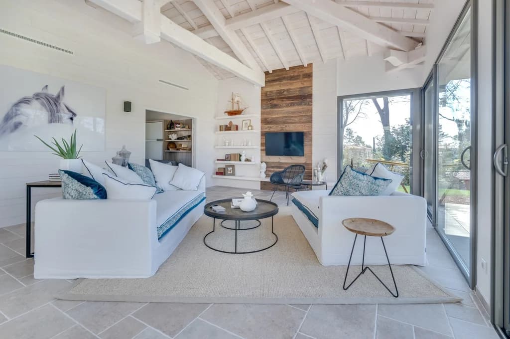 Villa Style vaulted lounge with timber rafters and stone floor, Tourrettes, France
