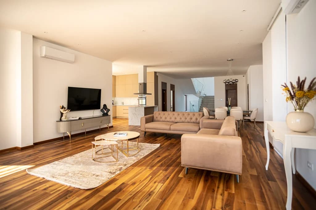 Villa Edela open-plan living and kitchen with marble island, Budva, Montenegro