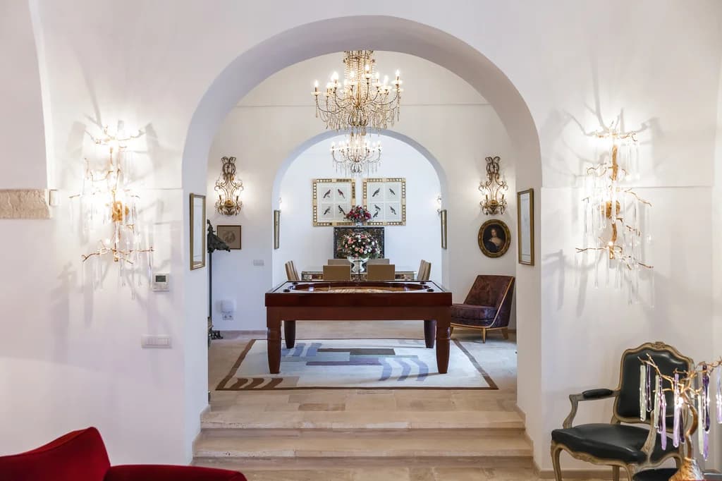 La Residenza games lounge with billiard table and vaulted ceiling, Savelletri, Puglia, Italy
