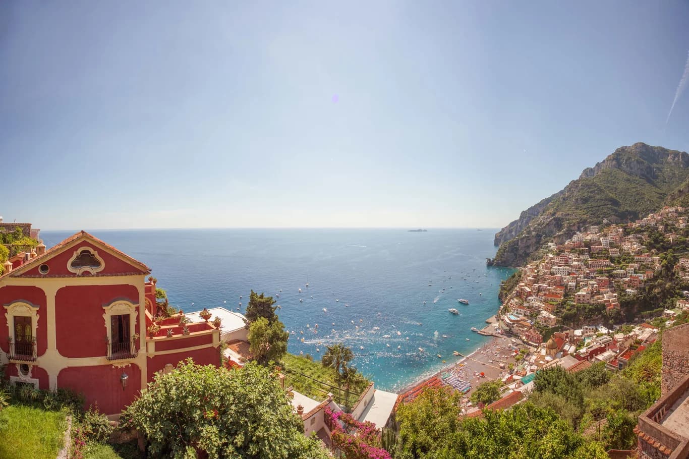 Palazzo Barocco ocean panorama over Positano rooftops, Amalfi Coast, Italy