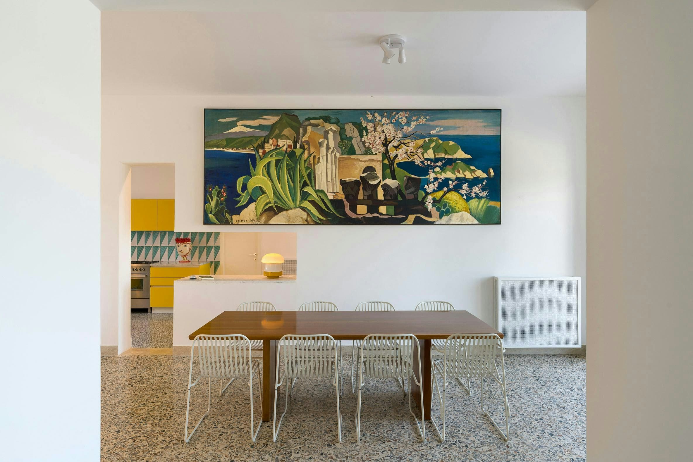 Sicilian Song formal dining room with terrazzo floors, Fontane Bianche, Sicily, Italy