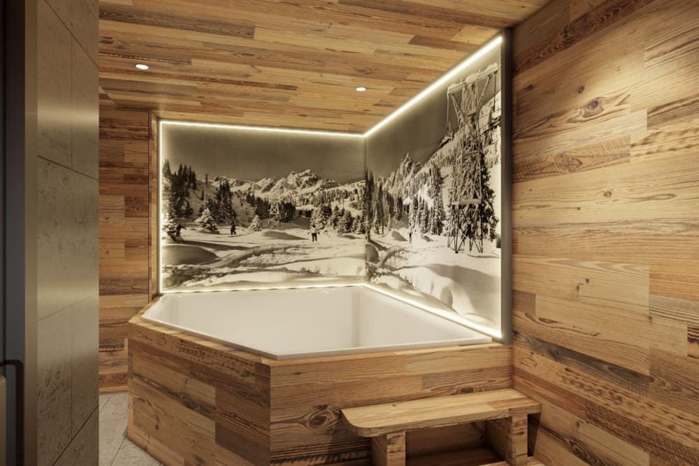 Courchevel 168 ensuite shower room with travertine tiles and wood ceiling, Courchevel 1850, France