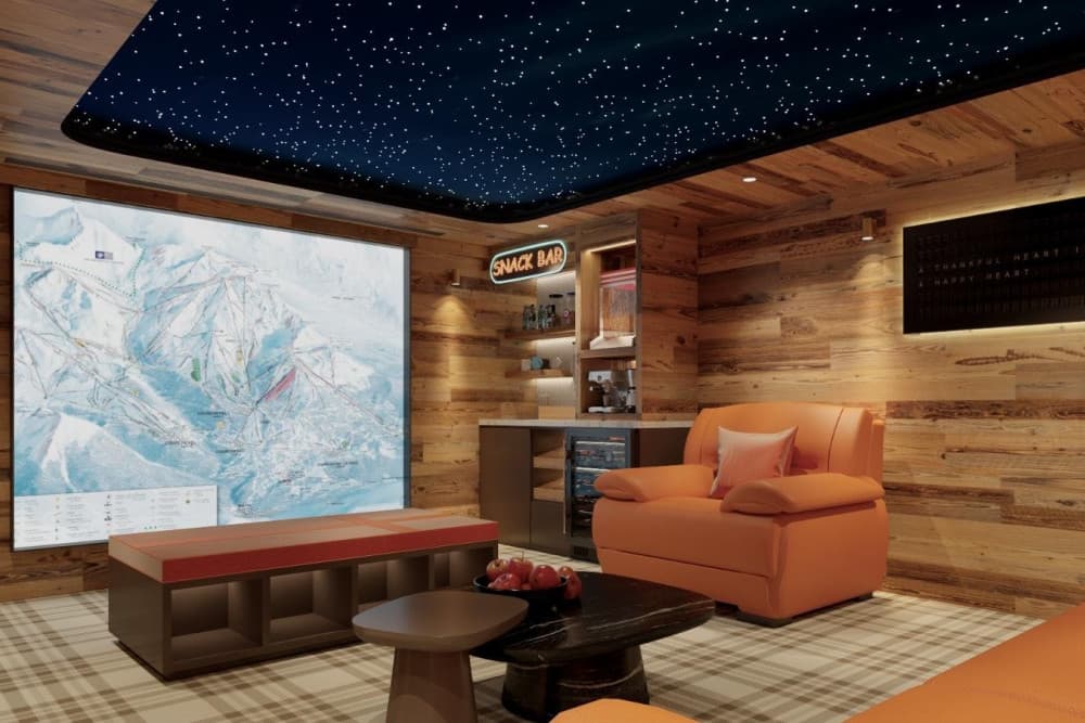 Courchevel 168 cinema and games room with star ceiling and neon bar, Courchevel 1850, France