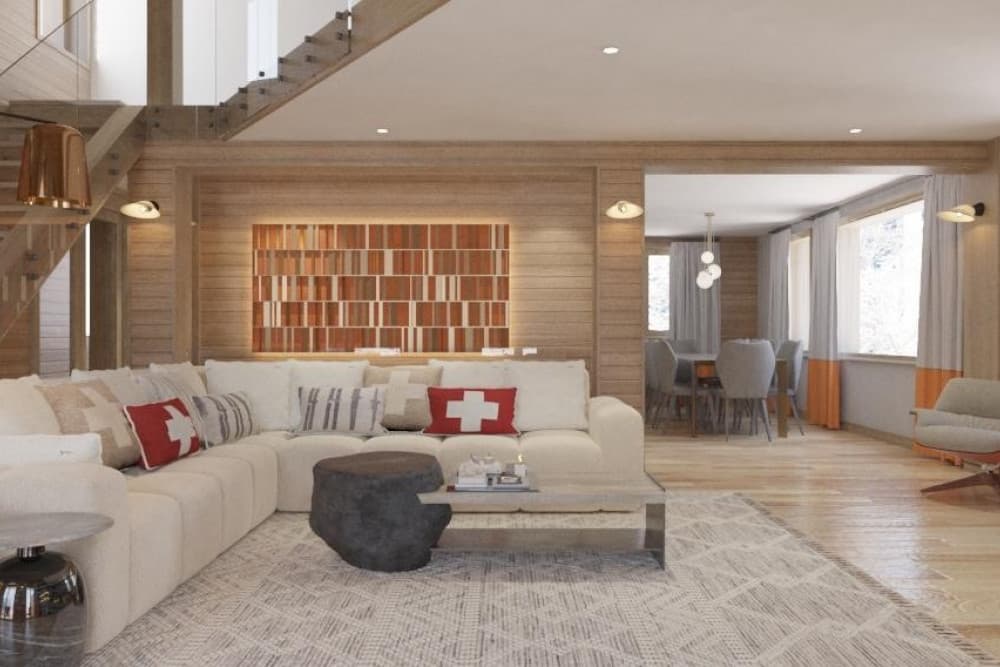 Courchevel 168 lounge seating area with sectional sofa and wood mosaic art, Courchevel 1850, France