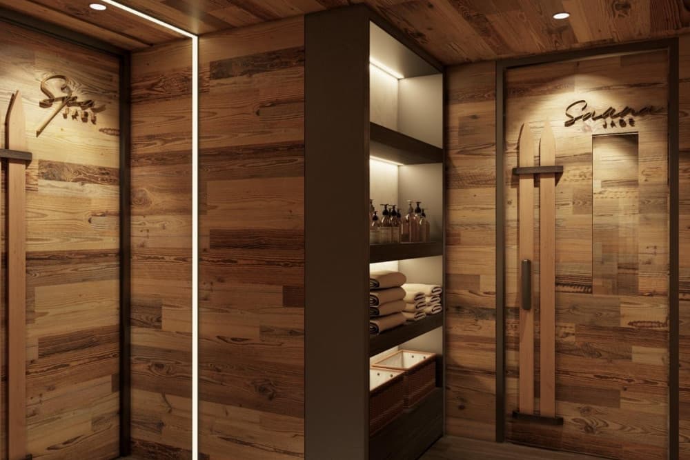 Courchevel 168 spa and sauna corridor in reclaimed wood, Courchevel 1850, France