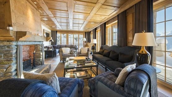 Chalet On the Top formal dining room with timber beams and mountain views, Verbier, Switzerland
