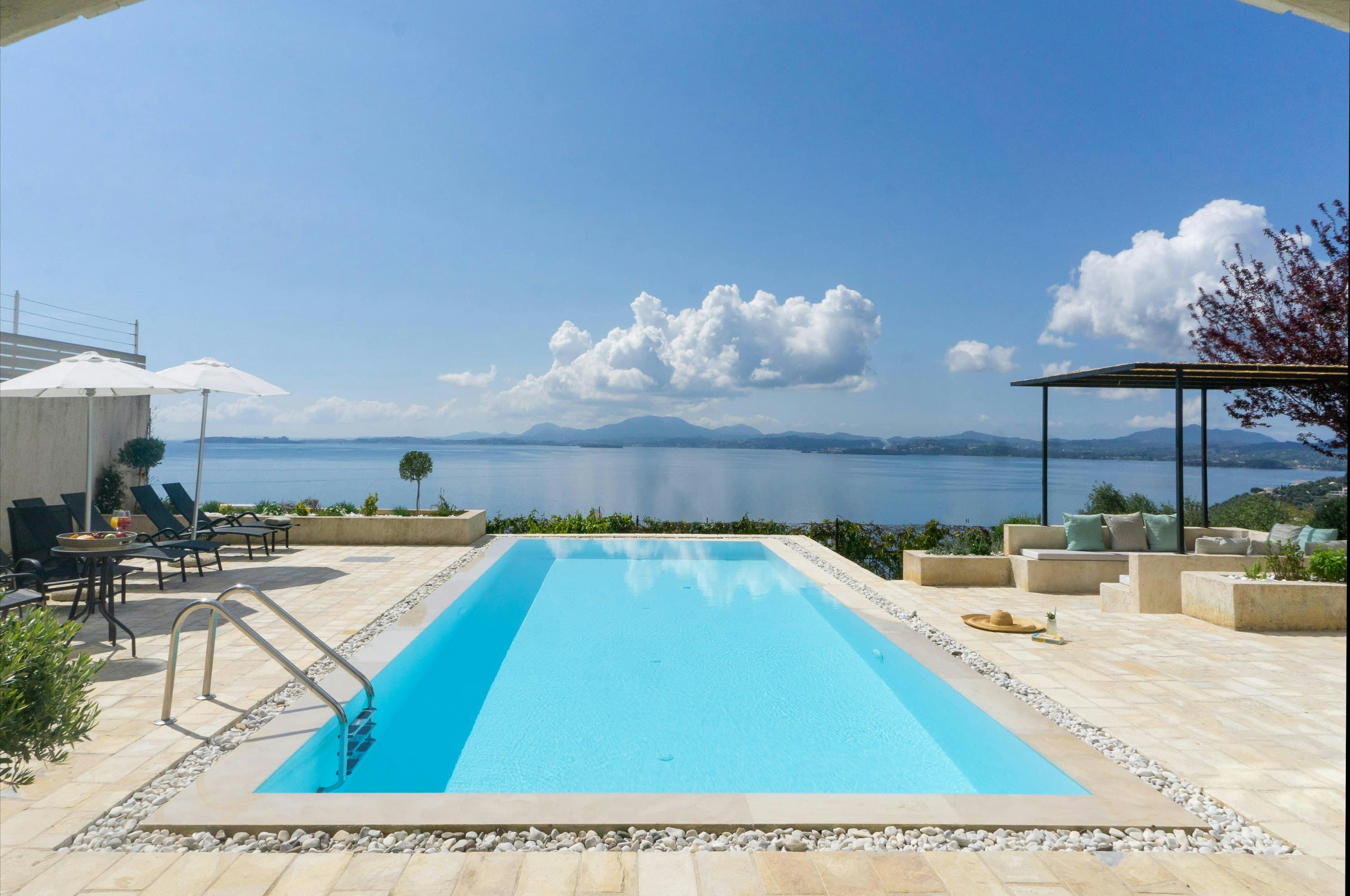 Quiet Sun infinity pool overlooking Ionian Sea, Barbati, Greece