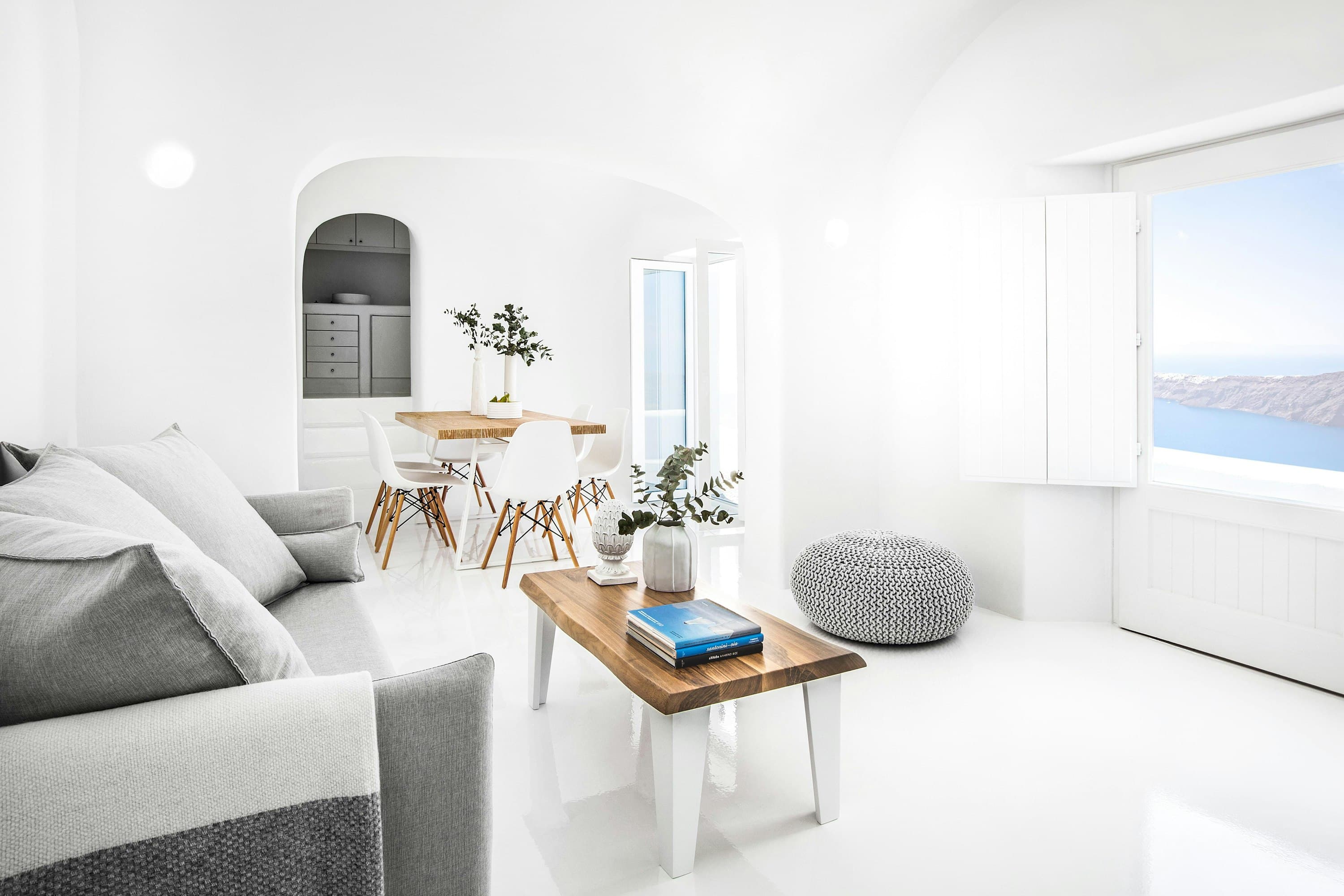 Cave Chic open-plan living room with Cycladic arches, Imerovigli, Greece