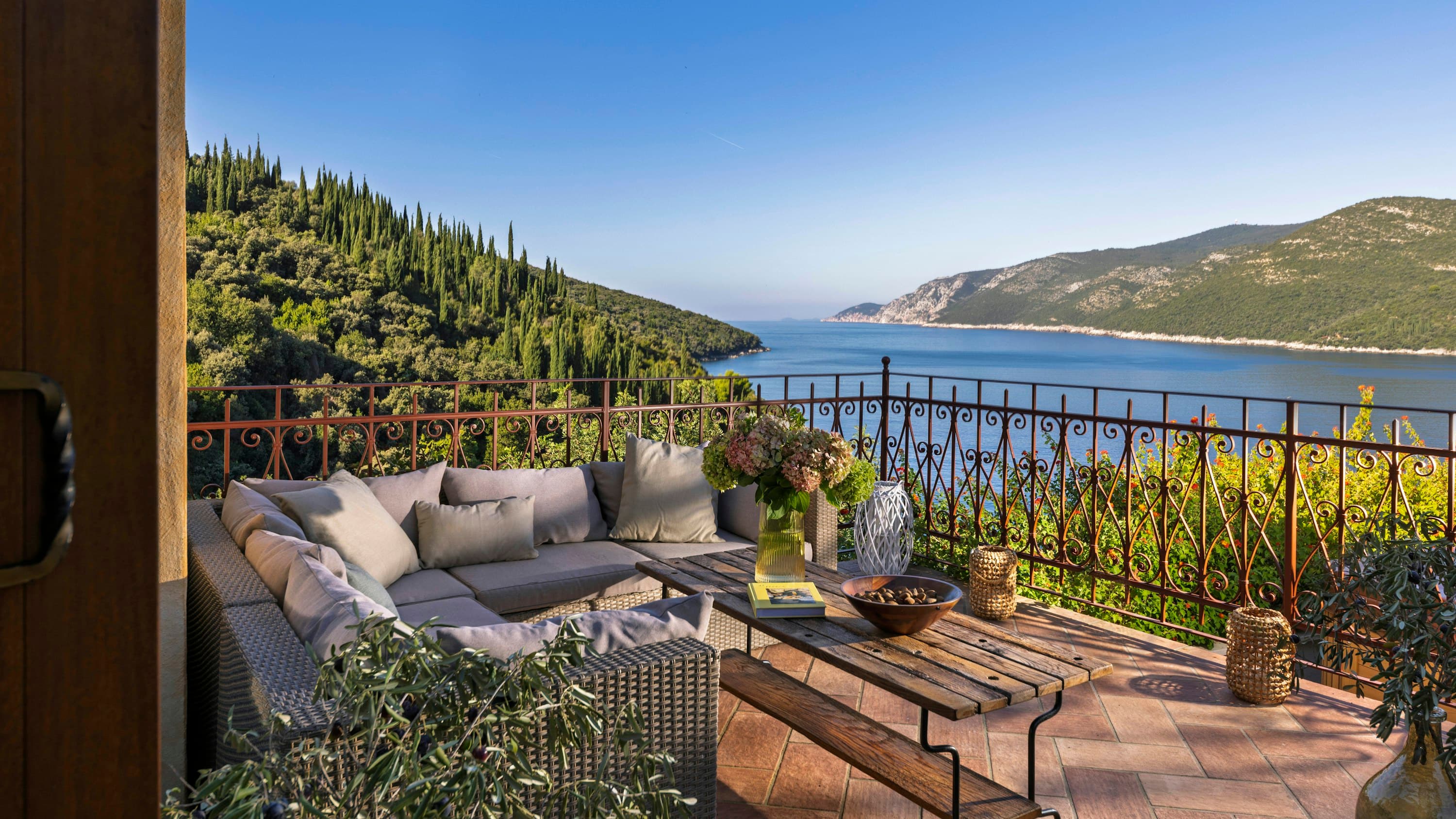 Aria to the Adriatic terrace seating with coastal views, Molunat, Dalmatian Coast, Croatia