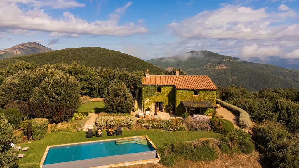 Villa Elceto aerial landscape with pool, terraced gardens and pergola, Umbertide, Umbria, Italy